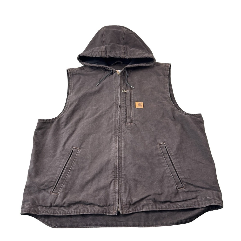 Carhartt Brown Canvas Full Zip Hooded Fleece Lined Vest Mens XL 101687-201